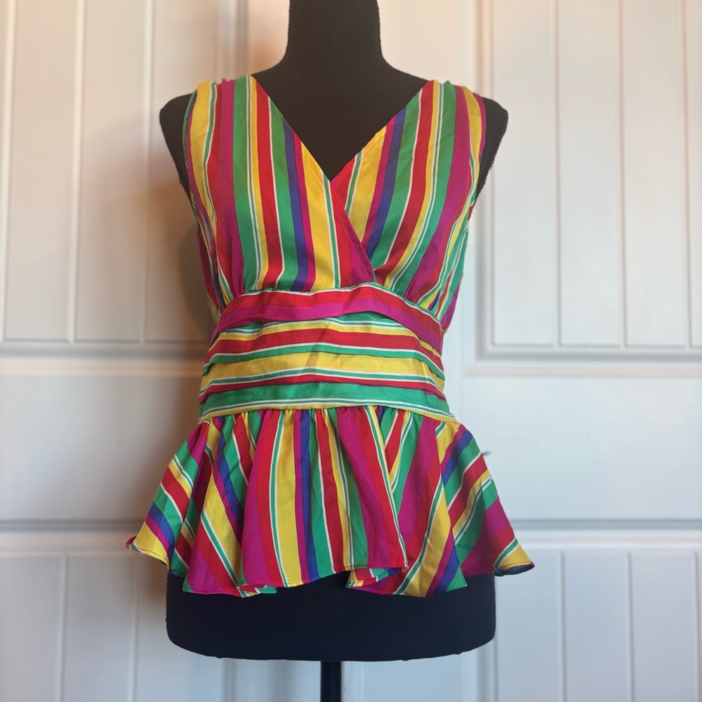 BB Dakota Yellow and Pink Sleeveless Wrap Peplum Blouse